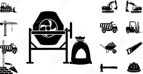 Industrial building machinery and masonry construction equipment icon set featuring a simple black silhouette of a concrete mixer and cement sack – Black and White Vector Illustration
