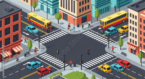 Isometric City Intersection with Cars, Buses, and Pedestrians.