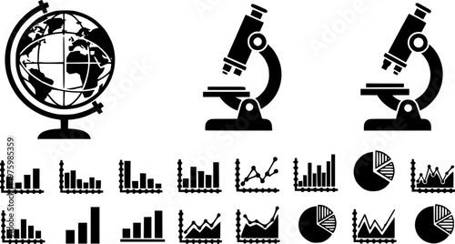 World research and international laboratory data analysis icon set featuring simple black silhouettes of a globe, microscope, and statistical graphs – Black Vector Illustration