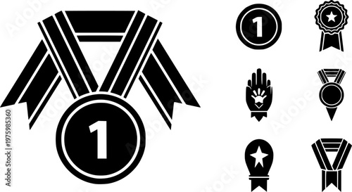 Victory award and champion achievement icon set featuring a simple black silhouette of a first place medal and ceremonial ribbon – Black and White Vector Illustration