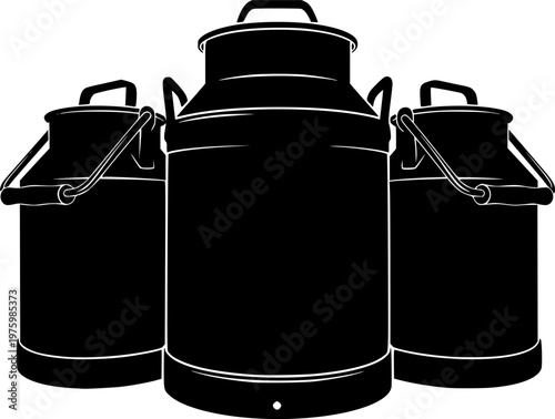 Traditional dairy farm equipment and rustic agricultural milk container icon set featuring simple black silhouettes of vintage metal jugs – Black and White Vector Illustration