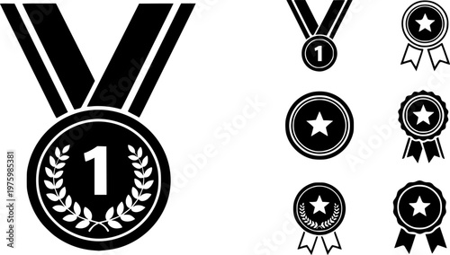 Victory award and champion achievement icon set featuring a simple black silhouette of a first place medal and ceremonial ribbon – Black and White Vector Illustration