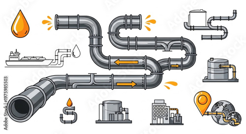 Oil Pipeline System Illustration - Transportation and Processing of Petroleum.