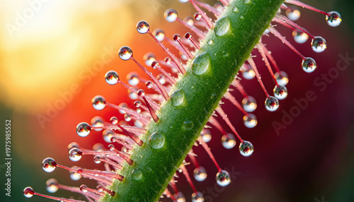 A sundew’s glistening tentacles refract fiery bokeh in an extreme macro close-up. Generative AI