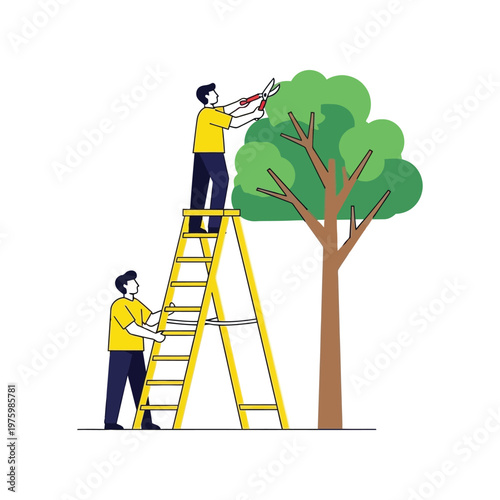 Two men pruning tree in flat illustration style with vibrant green and brown colors in simple graphic format for landscaping services