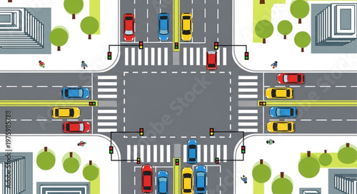 Aerial View of a Busy City Intersection with Cars and Pedestrians.