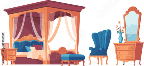 Elegant bedroom furniture set flat vector illustration with canopy bed armchair dresser mirror and classic interior decor elements