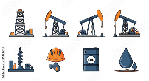 Oil Industry Elements - Derrick, Pumpjacks, Helmet, Barrel, and Oil Drop.