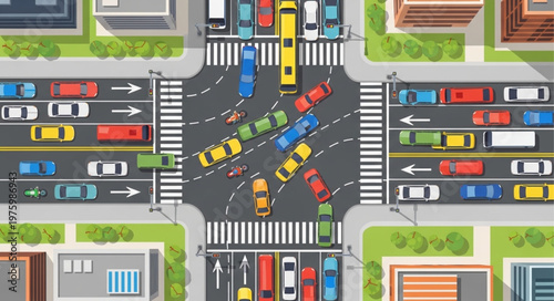 Aerial View of Busy City Intersection with Traffic.