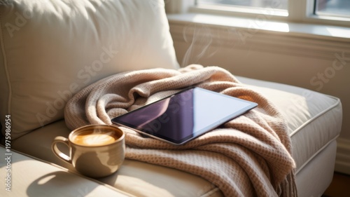 Cozy Morning Coffee and Tablet on Sofa with Blanket Illustration