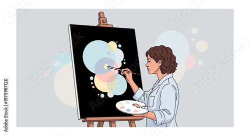 Woman painting abstract art on black canvas in colorful vibrant lighting for creative inspiration