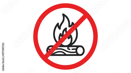 No fire or burning log allowed sign with red prohibition symbol