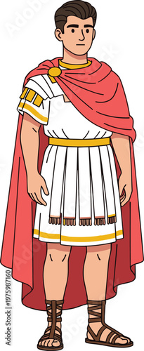ncient Roman Soldier Character Wearing White Tunic Red Cape and Leather Sandals Flat Vector Illustration Isolated on White Background Design