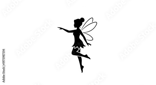 Black silhouette of a fairy with wings in mid air isolated on white background magic concept