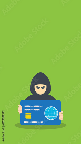 Cyber crime hacker stealing credit card data vector illustration, identity theft fraud, online payment security breach, financial scam, digital crime concept flat design	
