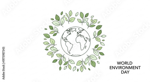 World environment day illustration with globe surrounded by green leaves on white background