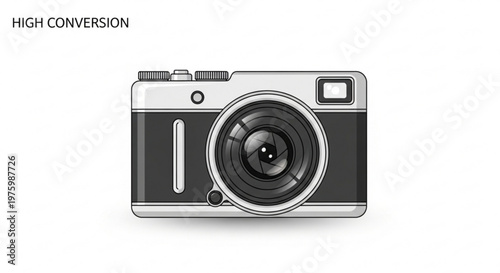 Digital camera with large lens and viewfinder on white background for photography and conversion