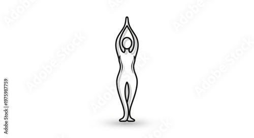 Woman in yoga pose with hands raised above head in a simple line art style on white background