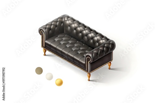 Black leather tufted sofa on a white background with color swatches couch furniture