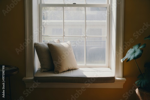 Cozy Window Seat with Pillows and Plant Soft Sunlight Streaming In Domestic Comfort Interior Illustration