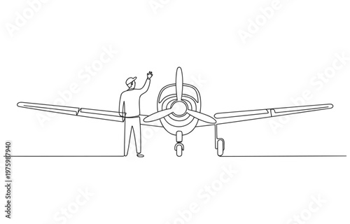 Pilot touching airplane propeller with landing gear airplane aviation aircraft transport propeller fuselage aeroplane transportation airliner navigation