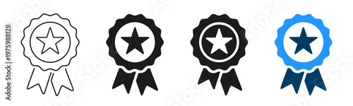 Award badge icon set, certified badge symbol, quality certify sign, achievement concept, verified medal with ribbon