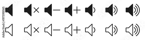 Audio speaker volume icon, sound control signs. Black volume sound icons