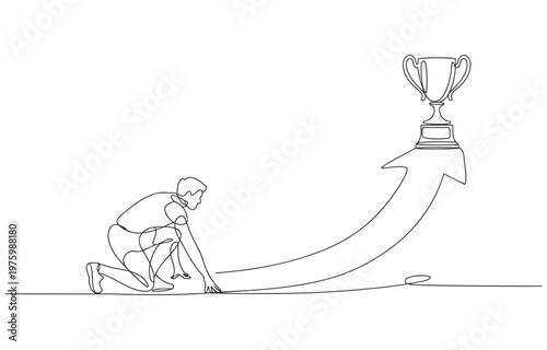 Athlete at starting blocks ready for race towards trophy on arrow with finish line art competition athletic champion achievement motivation challenge determination striving ambition