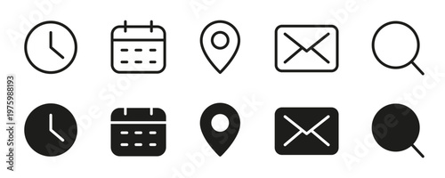 Time, date, address location, email, search icon outline and solid