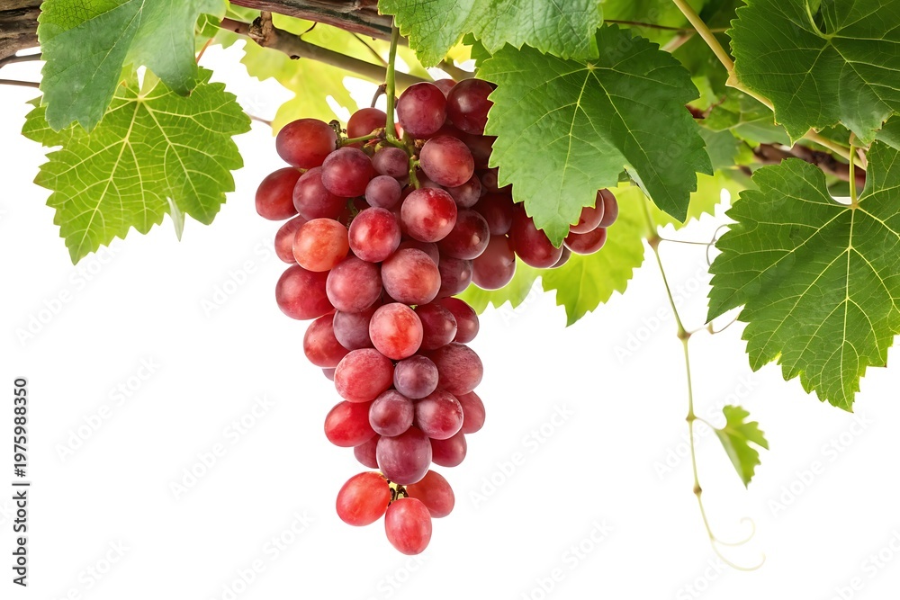 Fototapeta premium Bunch of red grapes with green leaves on a white background fruit