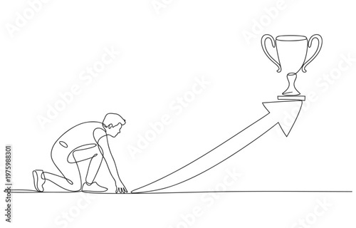 Athlete at starting blocks ready for race towards trophy on arrow with finish line art competition athletic champion achievement motivation challenge determination striving ambition