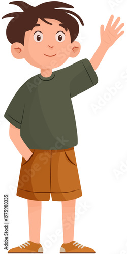 Tableau sur toile Cartoon boy with brown hair wearing shorts waving illustration