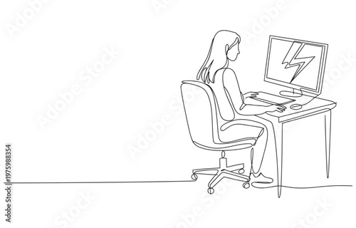 Businesswoman working at desk with computer screen showing lightning bolt symbol line art businesswoman computer electricity overload technology internet information communication keyboard