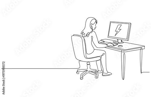 Businesswoman working at desk with computer screen showing lightning bolt symbol line art businesswoman computer electricity overload technology internet information communication keyboard