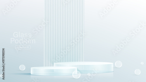 3D glass transparent crystal. Empty cylindrical pedestal. 3D cylinder and cube glass platforms set background. Vector realistic illustration of transparent plastic round and square
