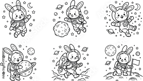 Line art cute bunny astronaut crew in space coloring sheet set showing smiling rabbits in helmets holding planets flag and rocket on moon with stars playful