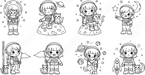 Cute line art astronaut girl and boy with cat on moon holding flag rocket and planets set of eight space coloring scenes close up flat outline