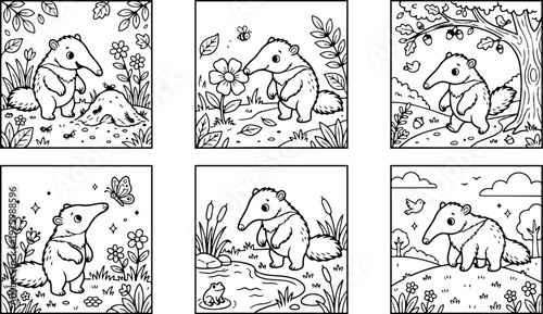 Line art coloring panels showing six square scenes of cute anteater exploring anthill smelling flower walking under oak tree watching butterfly by pond near singing bird