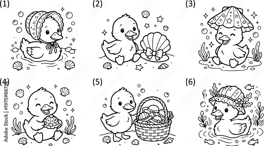 Obraz premium Adorable baby duck wearing seashell hat looking at camera sitting in shallow water surrounded by small shells with woven basket to side playful smiling line drawing