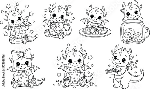 Line art frontal view baby dragon characters holding cookies nibbling and peeking from jar sitting smiling with bow stars hearts and crumbs coloring page sheet