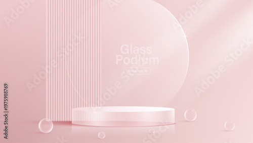3D glass transparent crystal. Empty cylindrical pedestal. 3D cylinder and cube glass platforms set background. Vector realistic illustration of transparent plastic round and square
