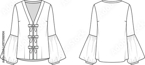 Women bow detail blouse with bell sleeves front and back view, elegant fashion illustration modern clothing design isolated vector template
