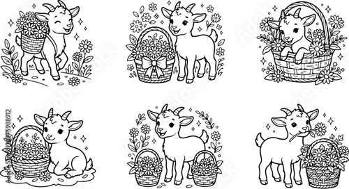 Cute baby goat close up carrying flower basket looking at camera sitting with woven baskets and floral decorations line art coloring page spring smiling front view portrait