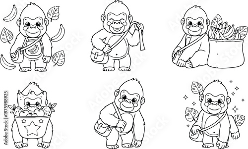 Cute cartoon gorilla characters in six poses carrying satchels holding bananas and fruit basket surrounded by leaves line art coloring page playful smiling looking forward happy