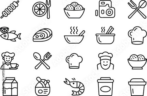 Food preparation and cooking icons set with seafood noodles chef utensils and ingredients line vector illustration collection