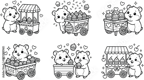 Cute line art hamsters pushing decorated cupcake cart close up smiling holding cupcake heart decorations playful bakery scene sweet black and white vector front view illustration