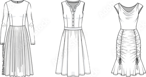 Women dress collection with pleated skirt button front and ruched design, elegant fashion illustration modern clothing set isolated vector template