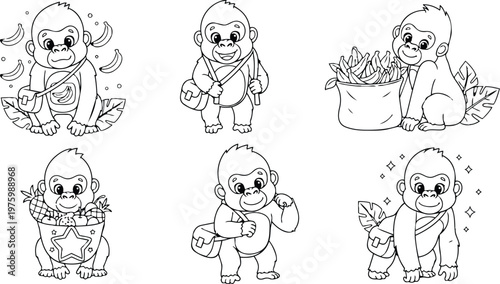 Cute cartoon baby gorilla set of six black outline coloring page illustrations with bananas bag leaves playful poses smiling looking camera holding fruit basket