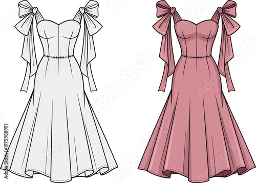 Women elegant bow strap evening dress with sweetheart neckline, flowing skirt fashion illustration in multiple colors isolated modern vector design