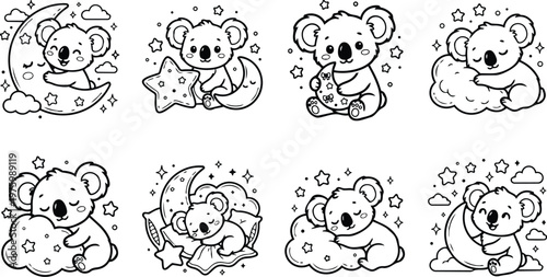 Cute hand drawn koala characters hugging stars and moons in nursery style line art set close up square frames sleeping and smiling on clouds for coloring